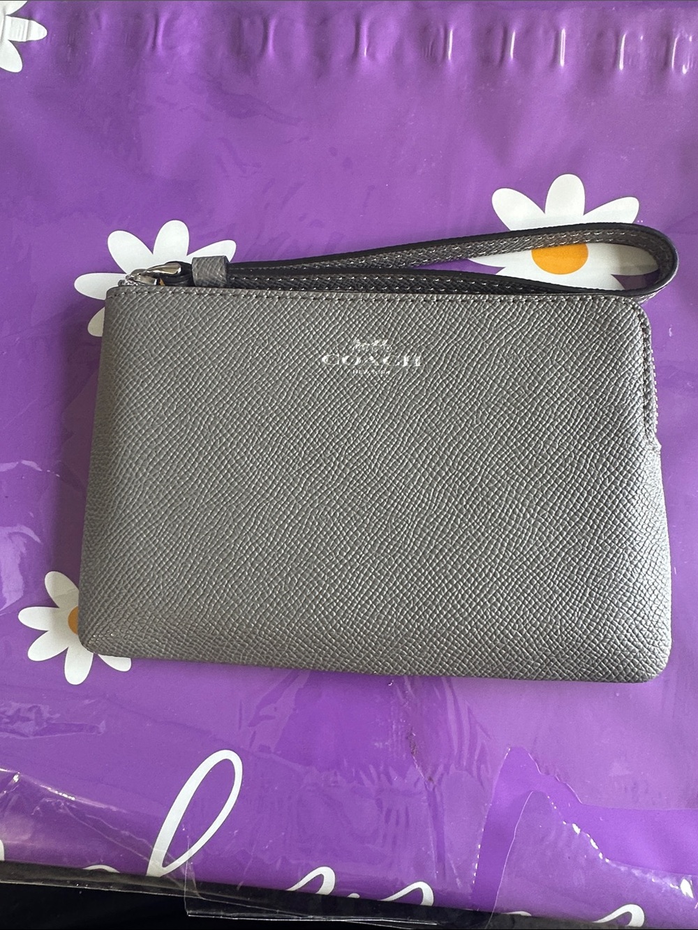 Coach Silver-Gray Textured Leather Wristlet